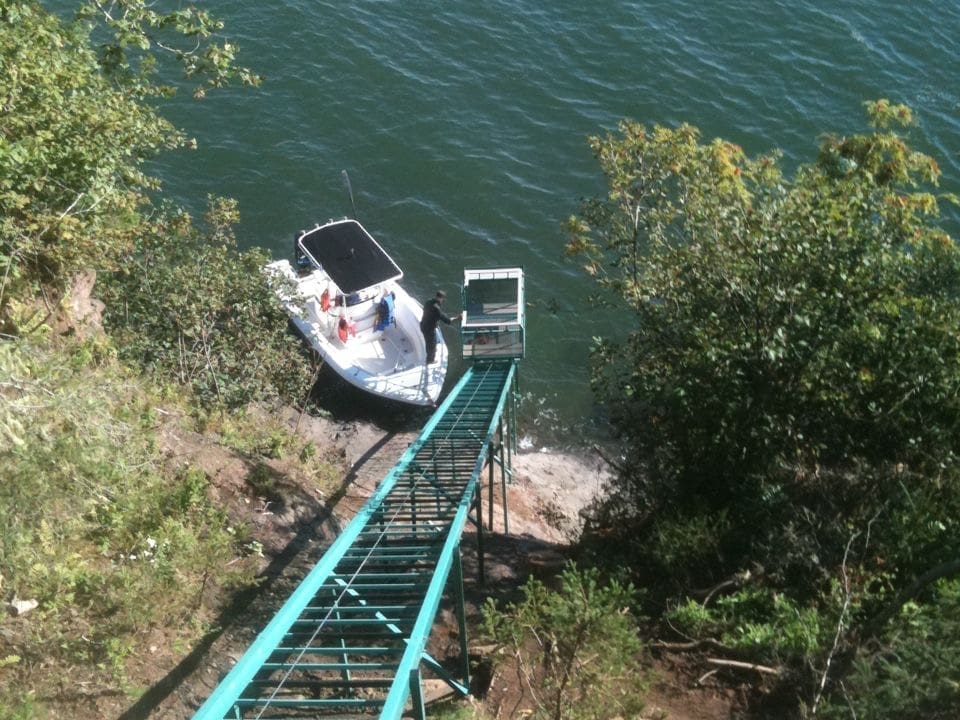 Personal funicular provides access to remote site in Nova Scotia via boat