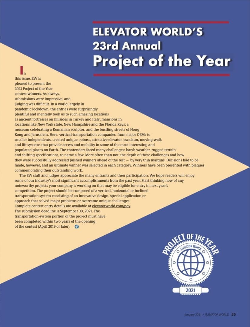 23rd Annual Project of the Year Awards Elevator World magazine article intro page featuring Hill Hiker