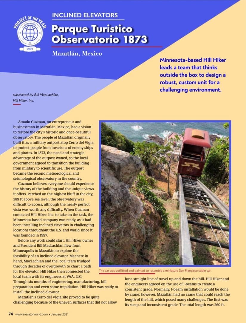 Observatorio 1873 Project of the Year Award Winner Elevator World magazine article featuring Hill Hiker page 1