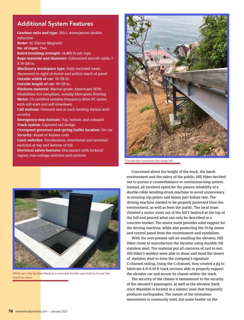 Observatorio 1873 Project of the Year Award Winner Elevator World magazine article featuring Hill Hiker page 3