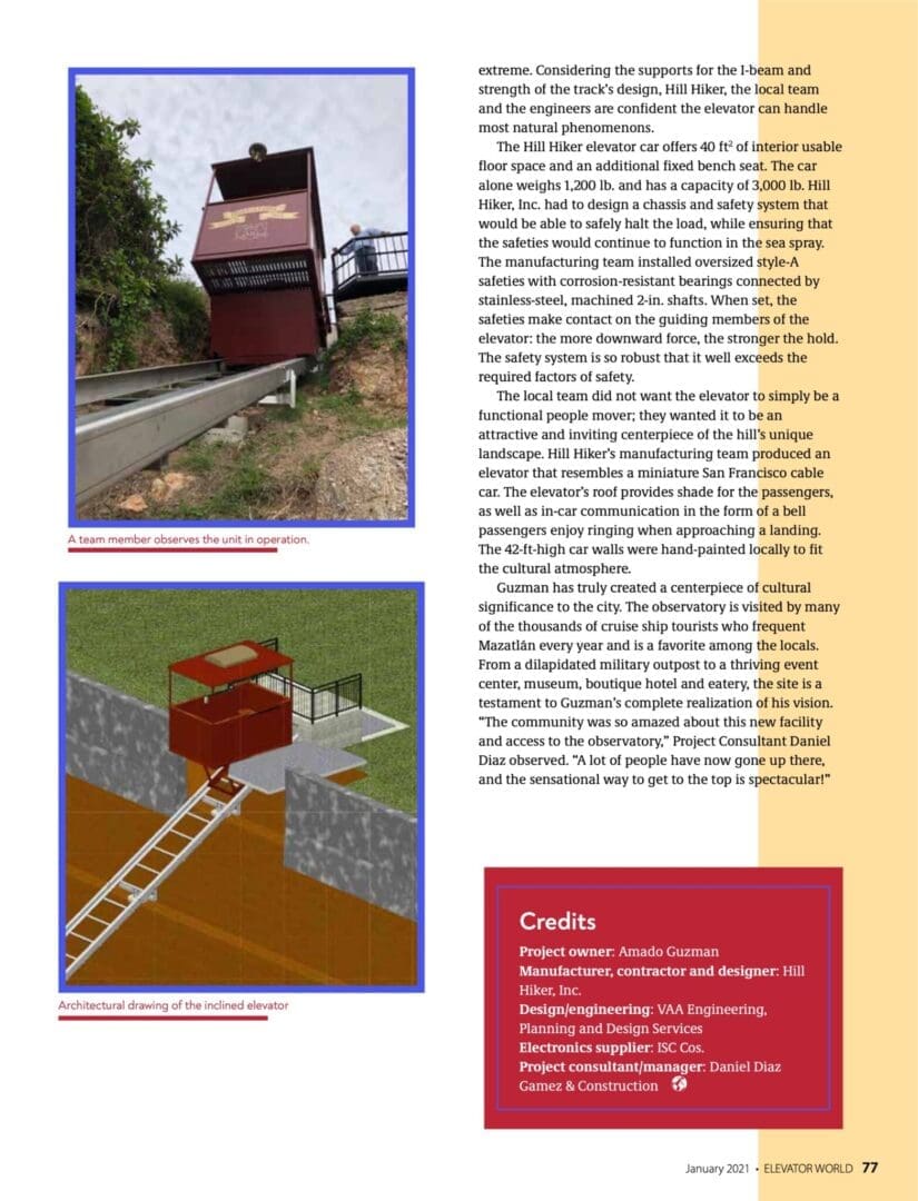 Observatorio 1873 Project of the Year Award Winner Elevator World magazine article featuring Hill Hiker page 4