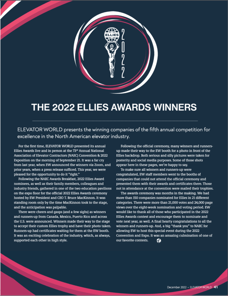 Elevator World 2022 Ellies Award winners December 2022 article page 41