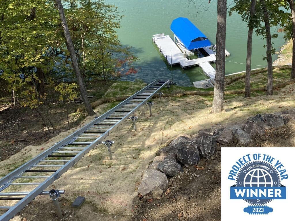 Custom lake shore access tram lift in Iowa wins 2023 inclined lifts project of the year award