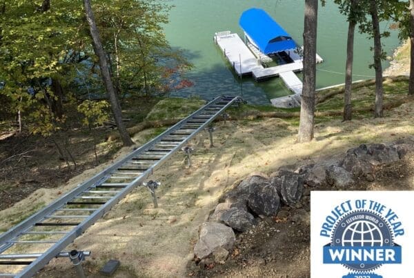 Custom lake shore access tram lift in Iowa wins 2023 inclined lifts project of the year award