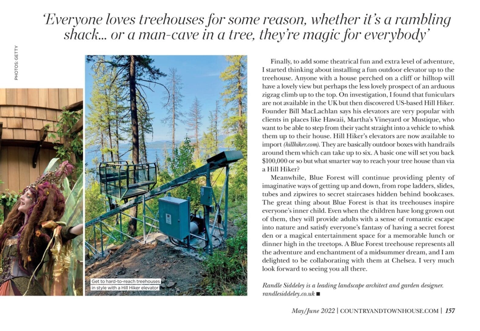 Country and Townhouse Magazine Trees of Life Article page about luxury tree houses including reference to using a Hill Hiker outdoor elevator to provide access