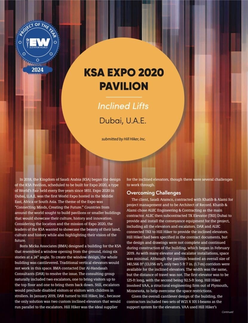 KSA EXPO 2020 PAVILION - Elevator World January 2024 project of the year award winning article featuring Hill Hiker Inclined Lifts - page 1