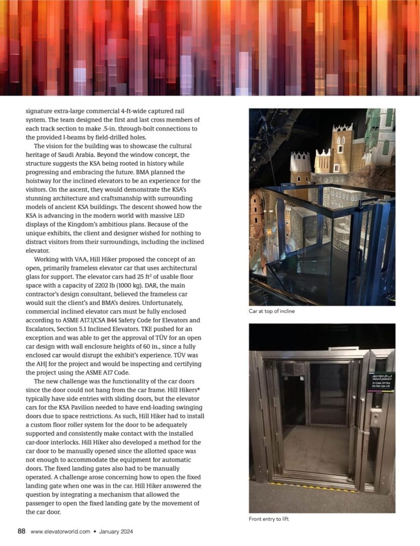 KSA EXPO 2020 PAVILION - Elevator World January 2024 project of the year award winning article featuring Hill Hiker Inclined Lifts - page 3