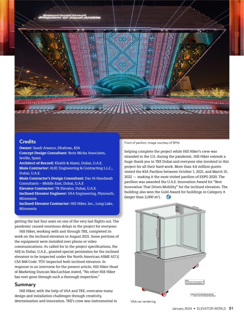 KSA EXPO 2020 PAVILION - Elevator World January 2024 project of the year award winning article featuring Hill Hiker Inclined Lifts - page 6