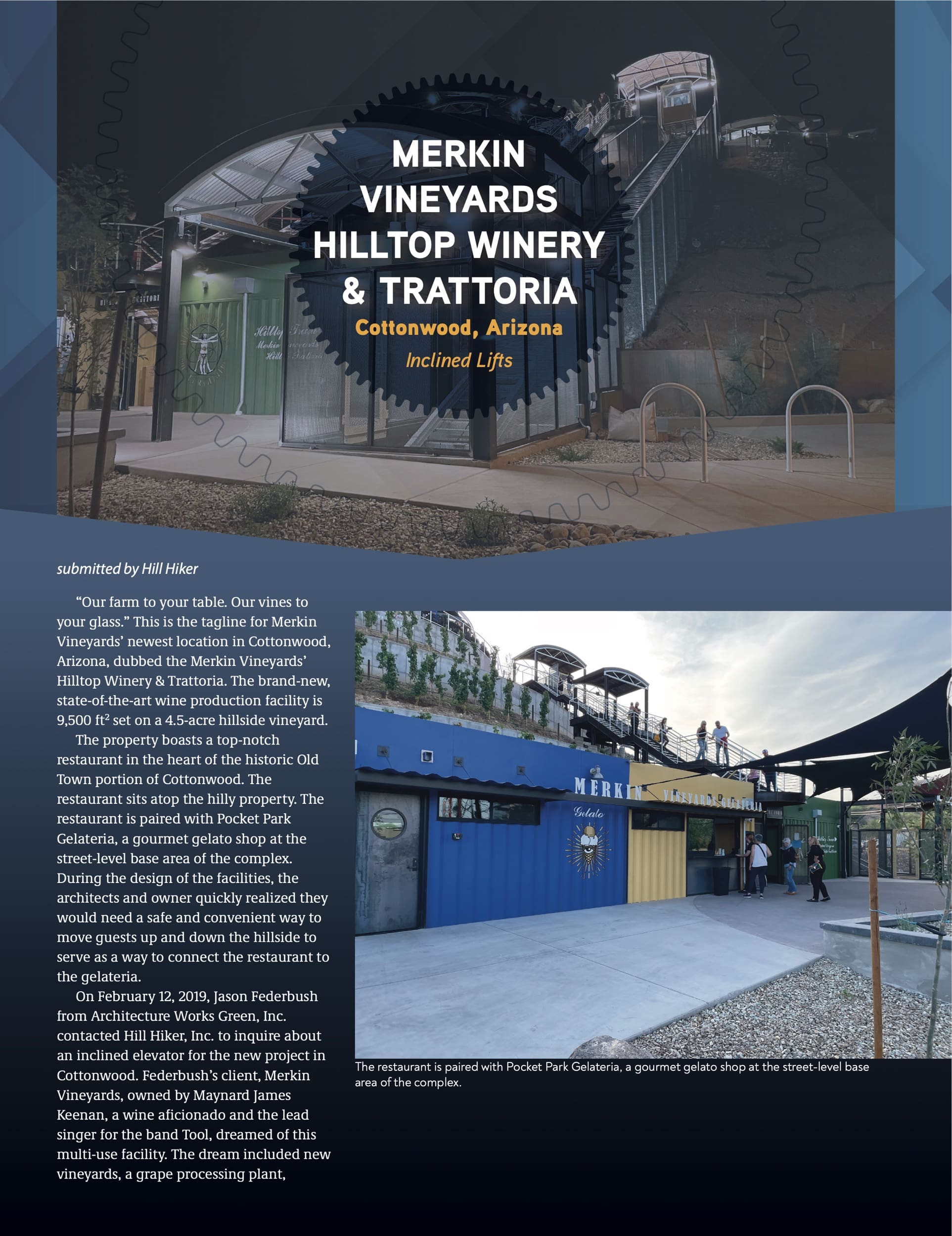 Merkin Vineyards - Elevator World January 2025 project of the year award winning article featuring Hill Hiker Inclined Trams - P1