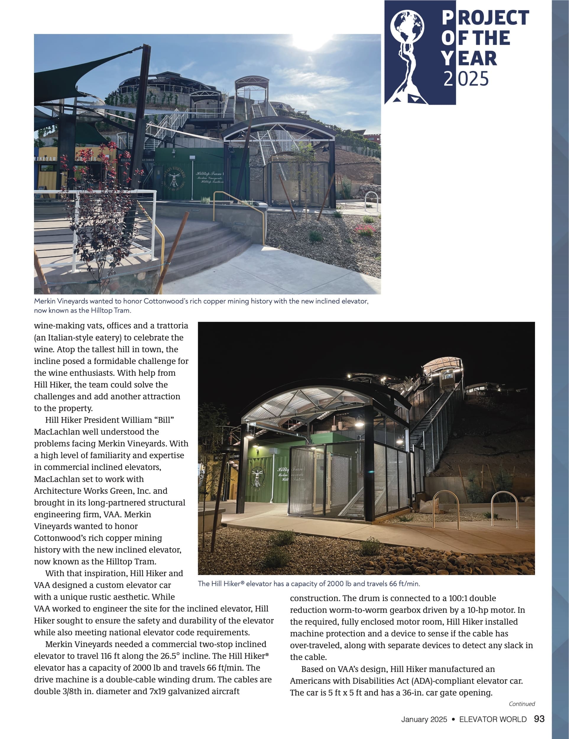 Merkin Vineyards - Elevator World January 2025 project of the year award winning article featuring Hill Hiker Inclined Trams - P2