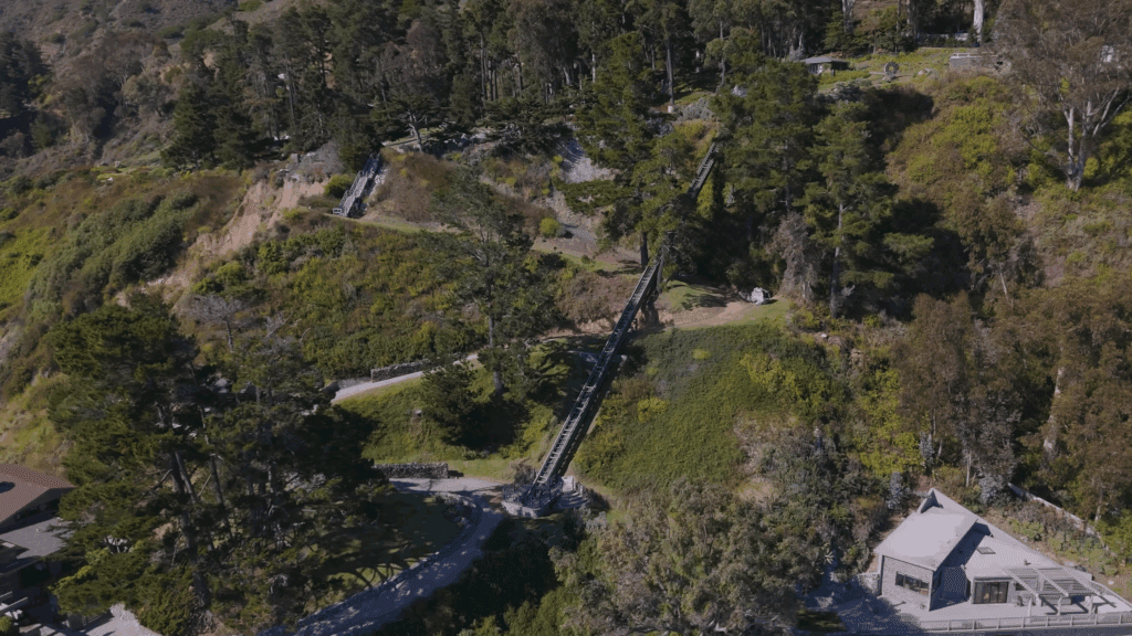 Big hillside in Big Sur California featuring Hill Hiker inclined tram elevator system