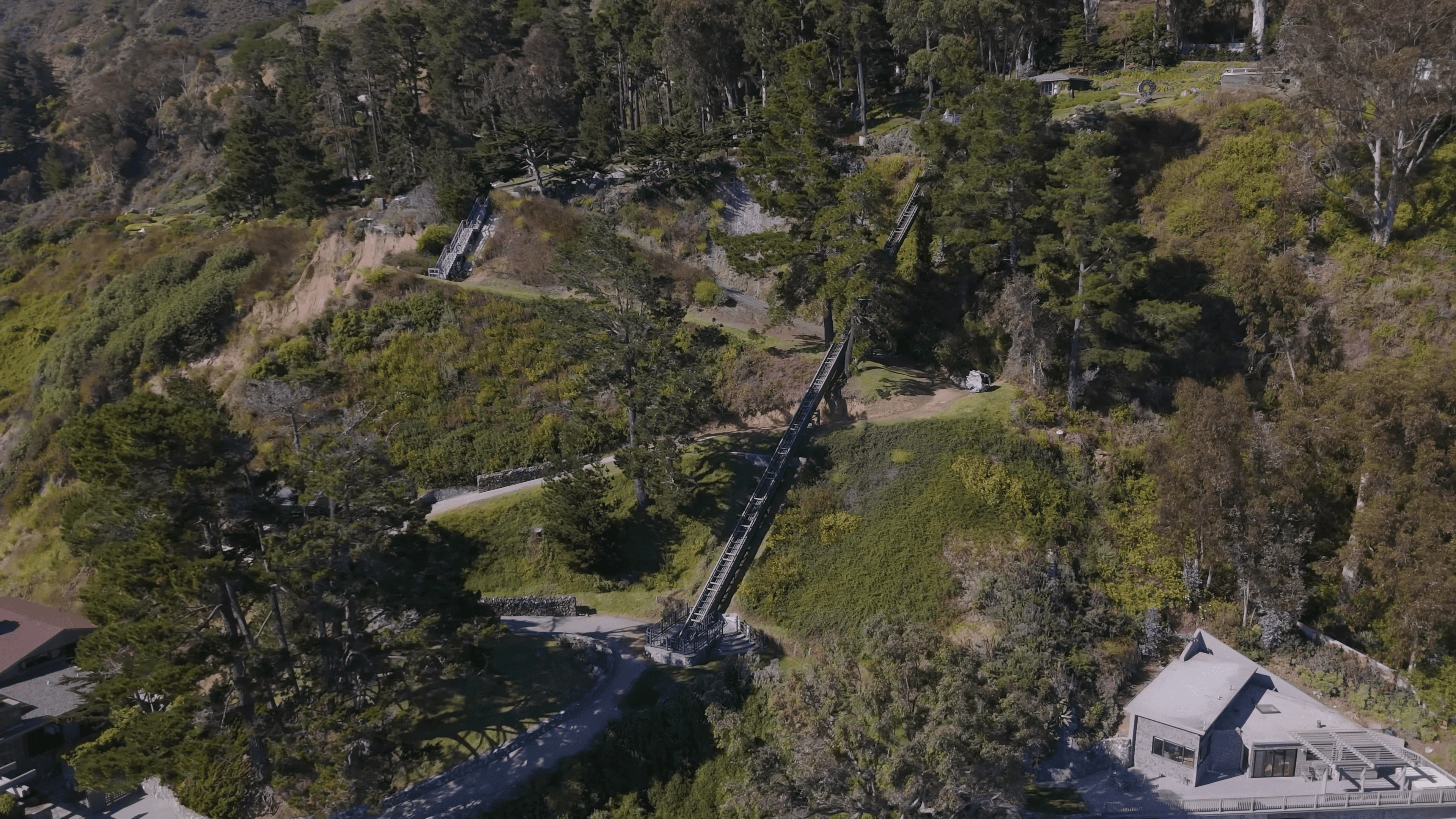 Big hillside in Big Sur California featuring Hill Hiker inclined tram elevator system