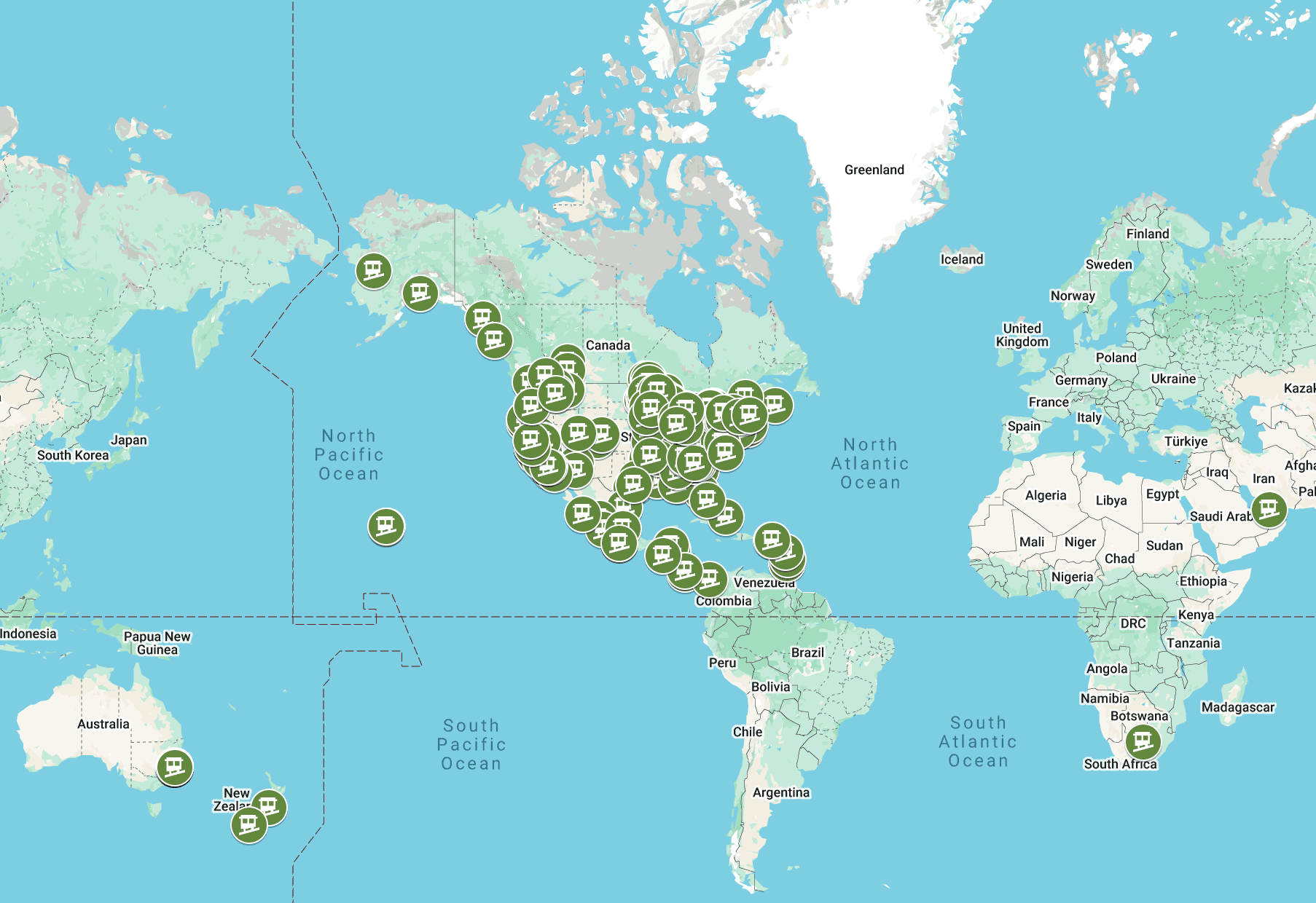 Map of Hill Hiker inclined elevator tram & lift installations and open projects locations as of Jan 2026