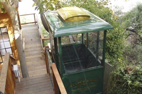 Close up view of custom cable car project featuring the intricate sheet metal roof manufactured by Hill Hiker