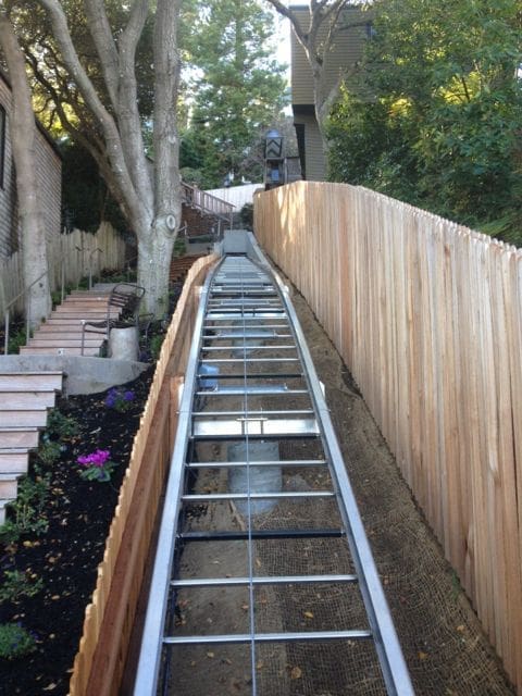 View from car on a Hill Hiker inclined elevator lift with curved rail design that contours to the natural landscape by changing incline angle