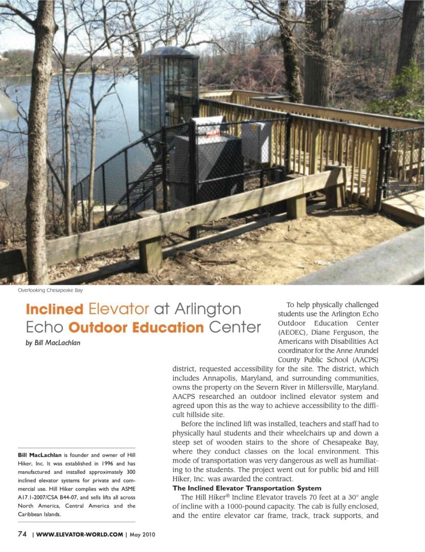 Maryland ADA Handicap Outdoor Education Center Article Page from Elevator World Magazine