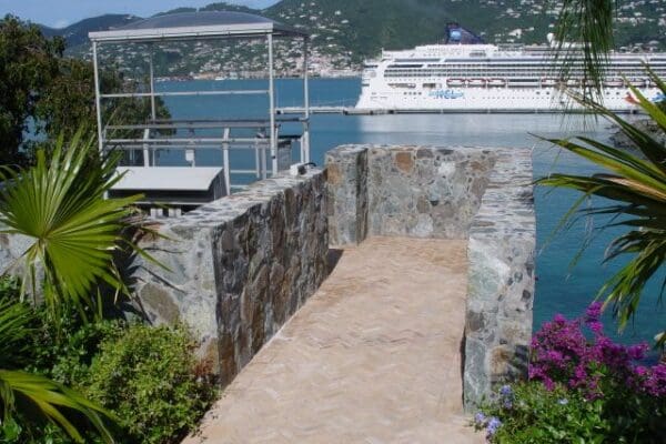 International Caribbean ocean access funicular tram with exotic views and cruise ships in the bay in St. Thomas US Virgin Islands