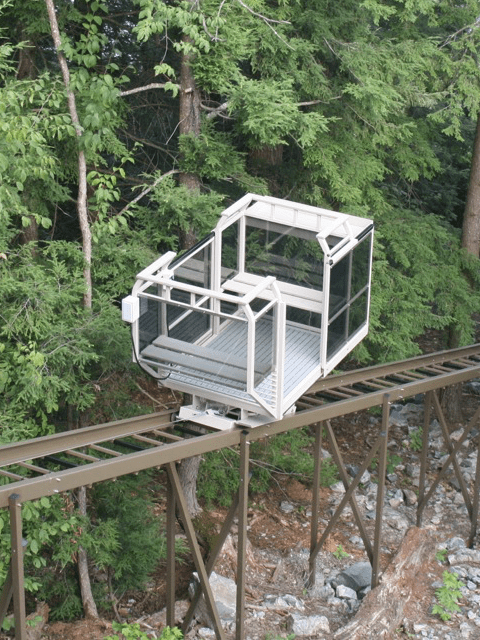 Hill Hiker funicular tram system with double door cart and custom two color paint finish