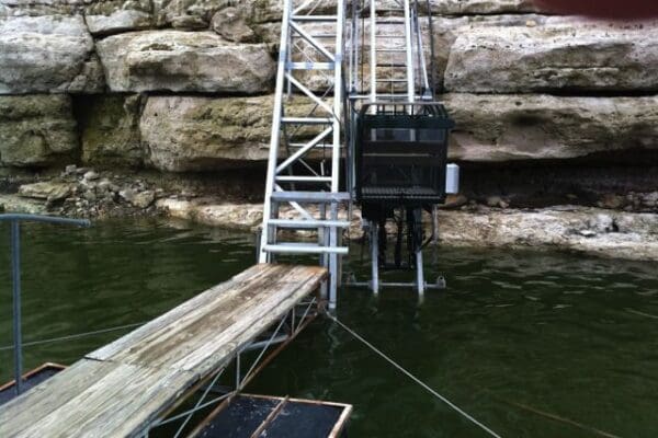 Hill Tram providing access on a lake with fluctuating lower landing elevation in Texas