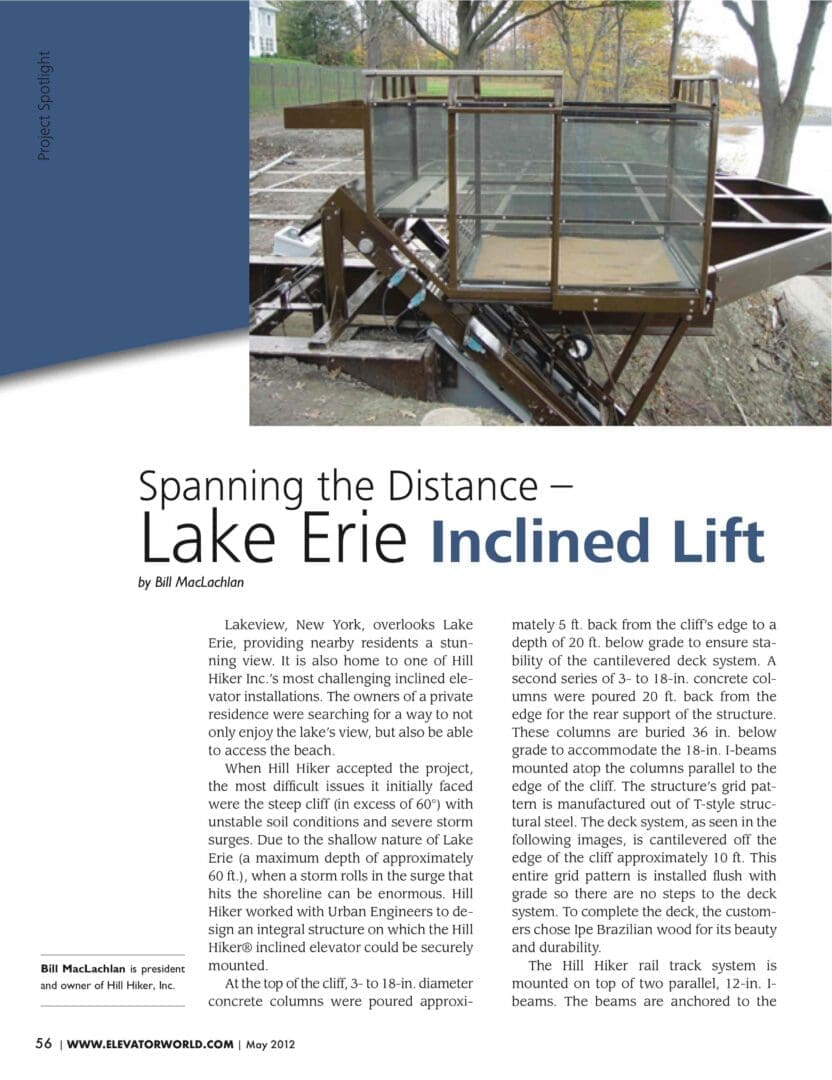 Lake Erie Cliff Project Article Page 1 from Elevator World Magazine