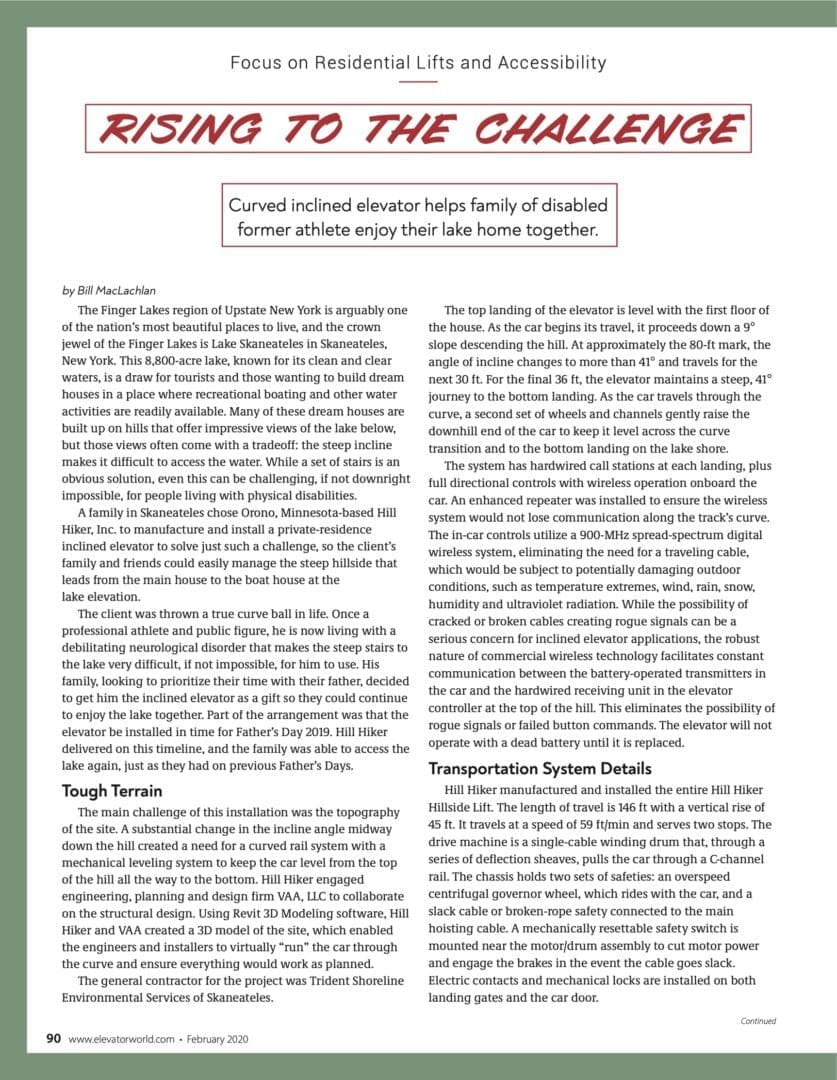 Rising To The Challenge Elevator World magazine article featuring Hill Hiker page 1